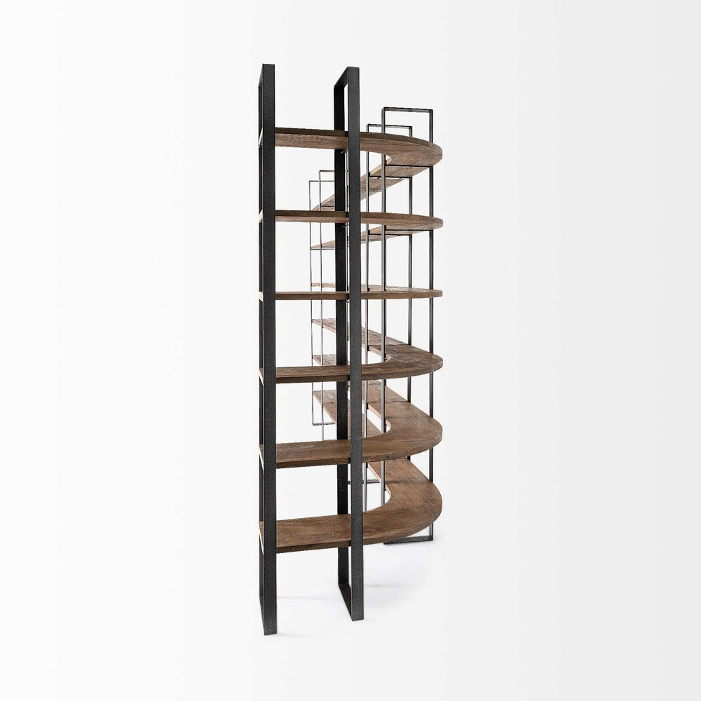 Curved Dark Brown Wood And Black Iron 6 Shelving Unit - Homeroots - Flyclothing LLC
