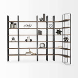 Curved Dark Brown Wood And Black Iron 6 Shelving Unit - Homeroots - Flyclothing LLC
