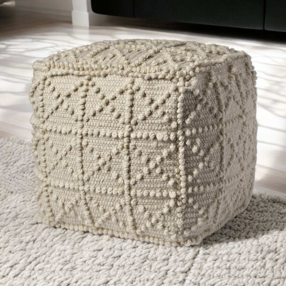 Ivory Wool Sqaure Pouf With Popcorn Detail - Homeroots - Flyclothing LLC