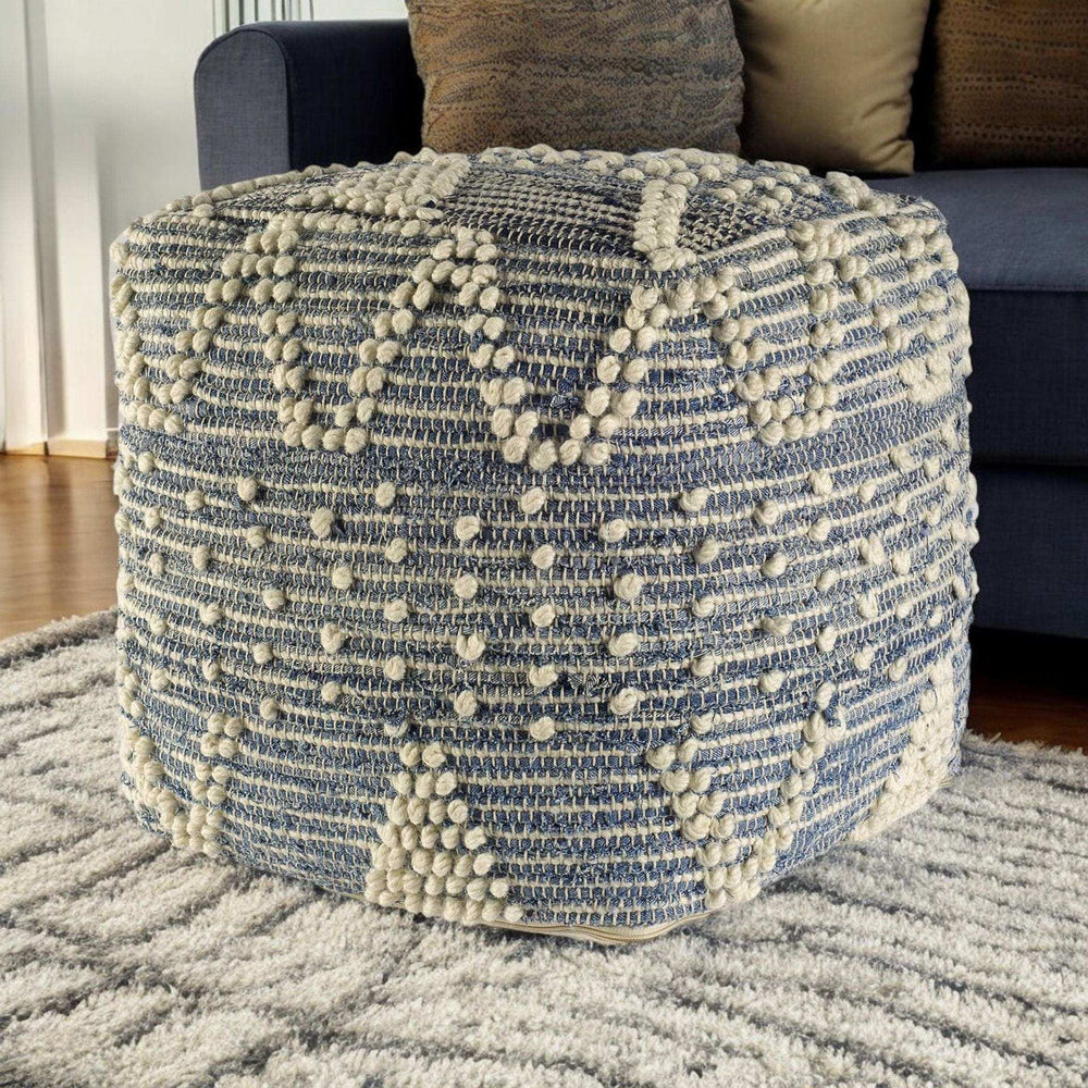 Blue Denim And Ivory Square Pouf With Cotton Stitched - Homeroots - Flyclothing LLC