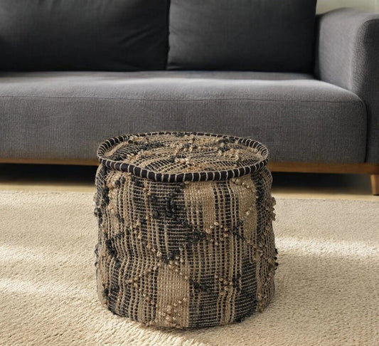 20" Natural And Black Geometric Cylindrical Jute Ottoman - Homeroots