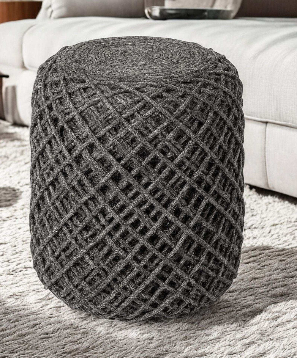 Dark Gray Wool Cylindrical Pouf With Diamond Pattern - Homeroots - Flyclothing LLC