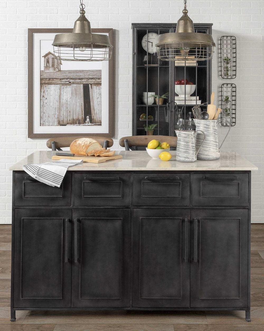Solid Iron Black Body White Marble Top Kitchen Island With 4 Drawer - Homeroots - Flyclothing LLC