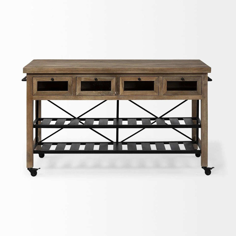 Brown Solid Wood Top Kitchen Island With Two Tier Black Metal Rolling - Homeroots - Flyclothing LLC
