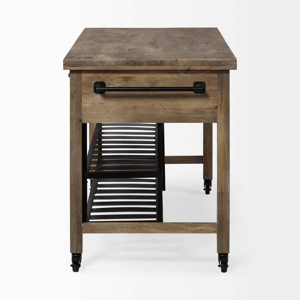 Brown Solid Wood Top Kitchen Island With Two Tier Black Metal Rolling - Homeroots - Flyclothing LLC