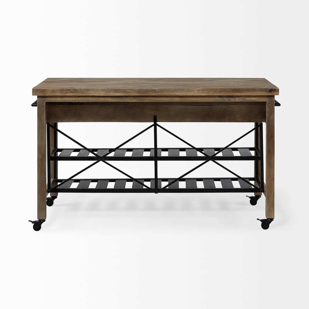 Brown Solid Wood Top Kitchen Island With Two Tier Black Metal Rolling - Homeroots - Flyclothing LLC