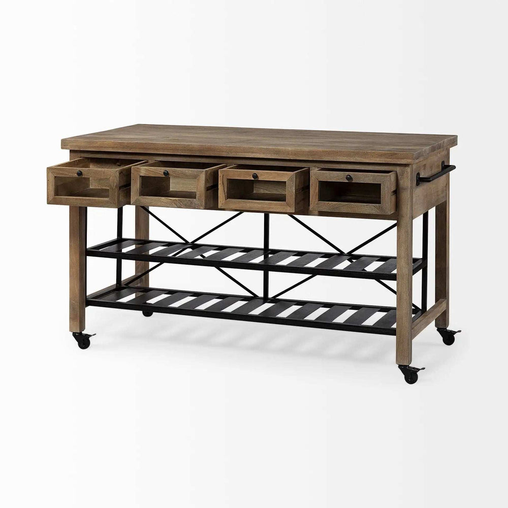 Brown Solid Wood Top Kitchen Island With Two Tier Black Metal Rolling - Homeroots - Flyclothing LLC