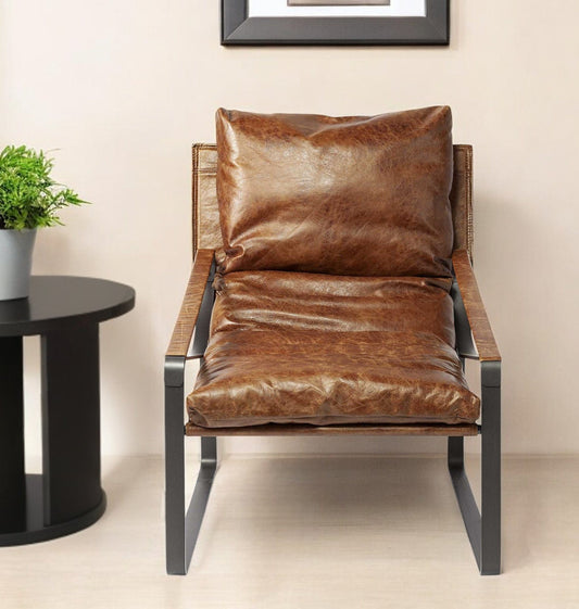 35" Brown And Black Leather Distressed Lounge Chair - Homeroots
