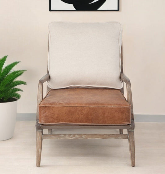 24" Beige and Brown And Brown Leather Arm Chair - Homeroots