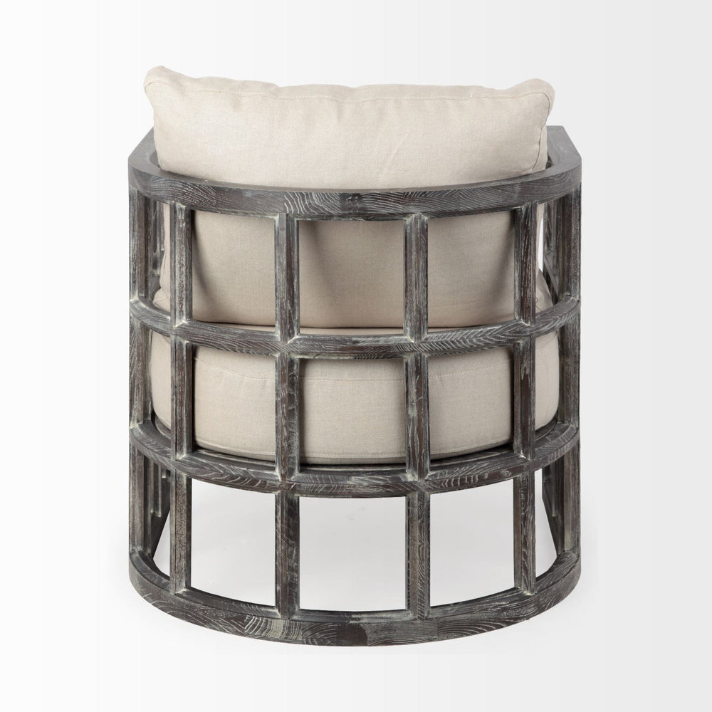 30" Cream And Brown Fabric Distressed Barrel Chair - Homeroots - Flyclothing LLC