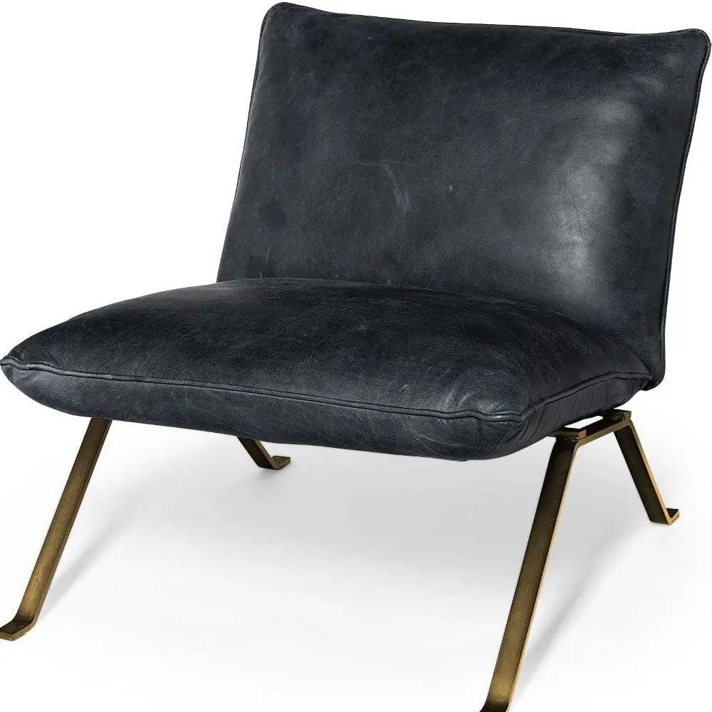 34" Black And Brass Top Grain Leather Distressed Slipper Chair - Homeroots