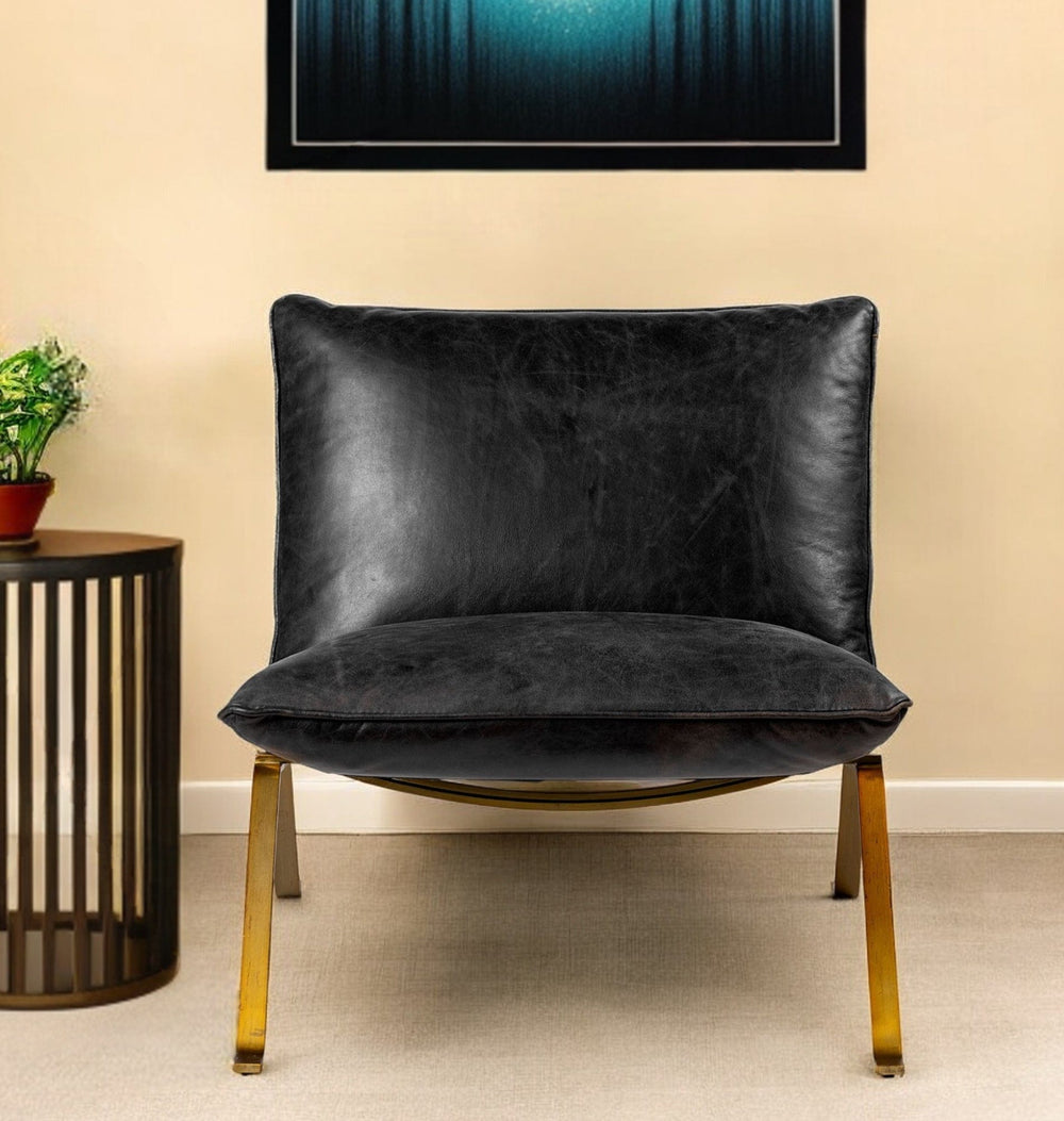 34" Black And Brass Top Grain Leather Distressed Slipper Chair - Homeroots