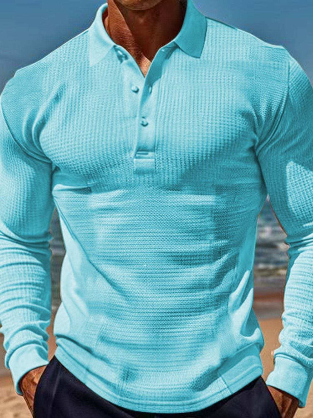 Men's Full Size Waffle-Knit Quarter Button Polo Plus Size - Trendsi - Flyclothing LLC