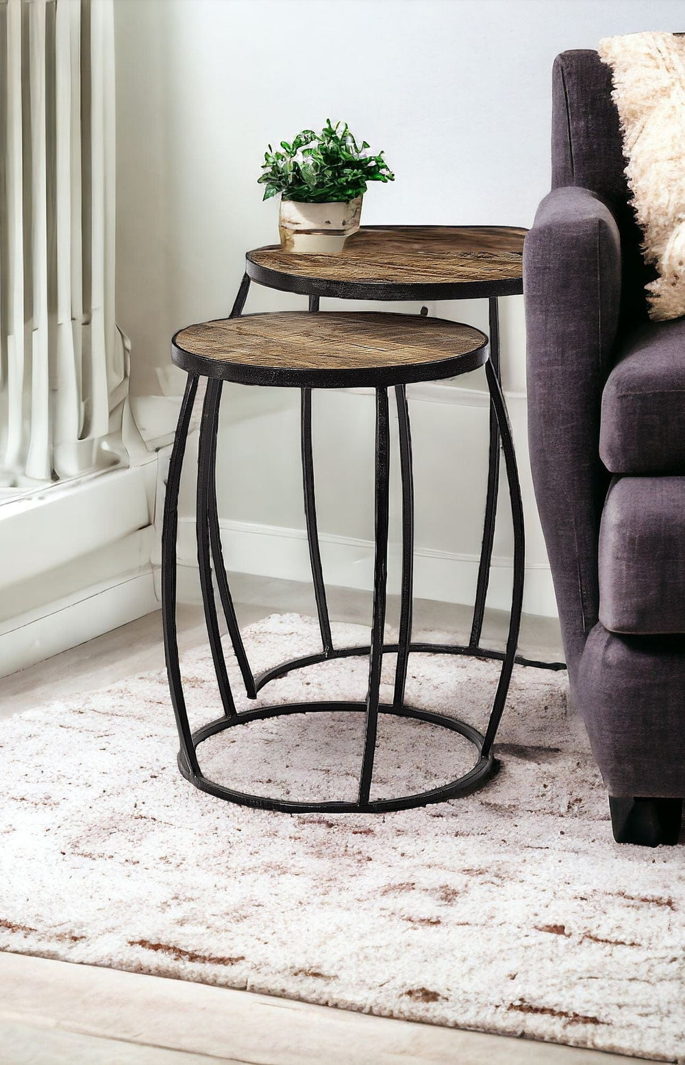 Set of Two 26" Black And Brown Solid Wood Round End Table - Homeroots