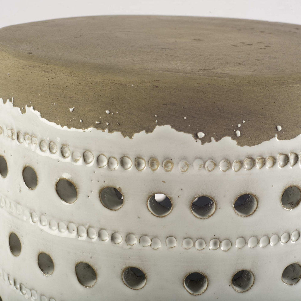 White Glazed Accent Table With Cylindrical Ceramic Tan Base - Homeroots - Flyclothing LLC