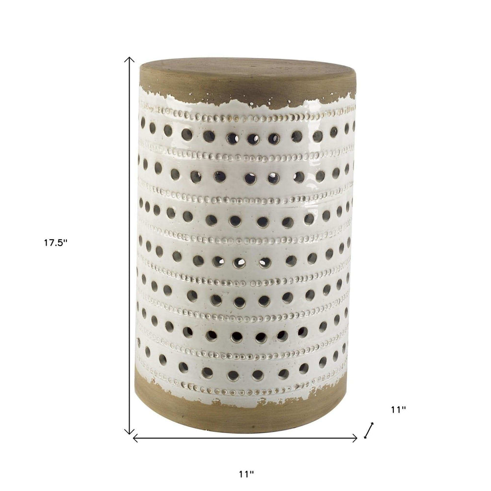 White Glazed Accent Table With Cylindrical Ceramic Tan Base - Homeroots - Flyclothing LLC
