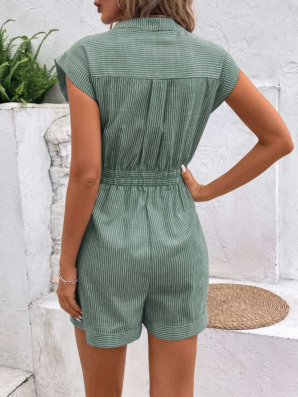 Striped Notched Tie Waist Romper - Trendsi - Flyclothing LLC