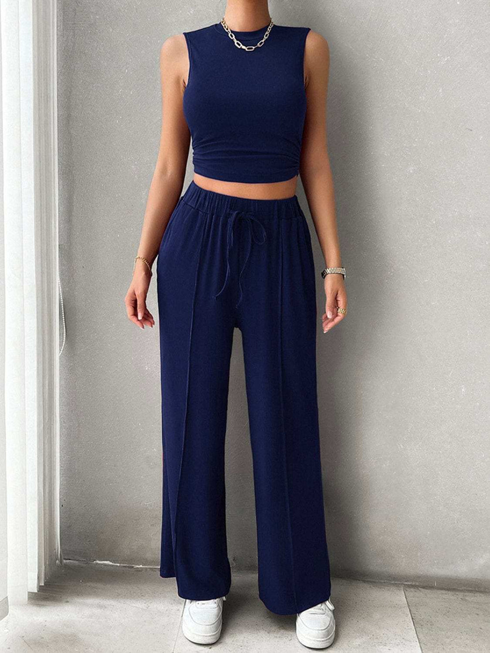 Mock Neck Sleeveless Top and Drawstring Pants Set - Trendsi - Flyclothing LLC