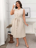 Plus Size Button Front Tie Waist Sleeveless Dress - Trendsi - Flyclothing LLC