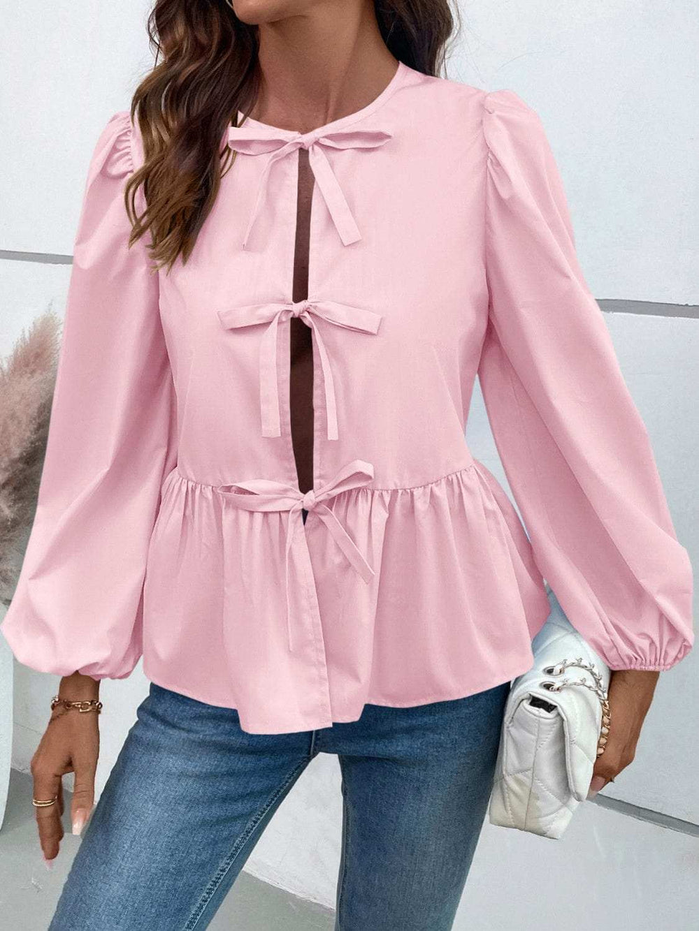 Ivy Lane Peplum Tied Long Sleeve Blouse - Trendsi - Flyclothing LLC