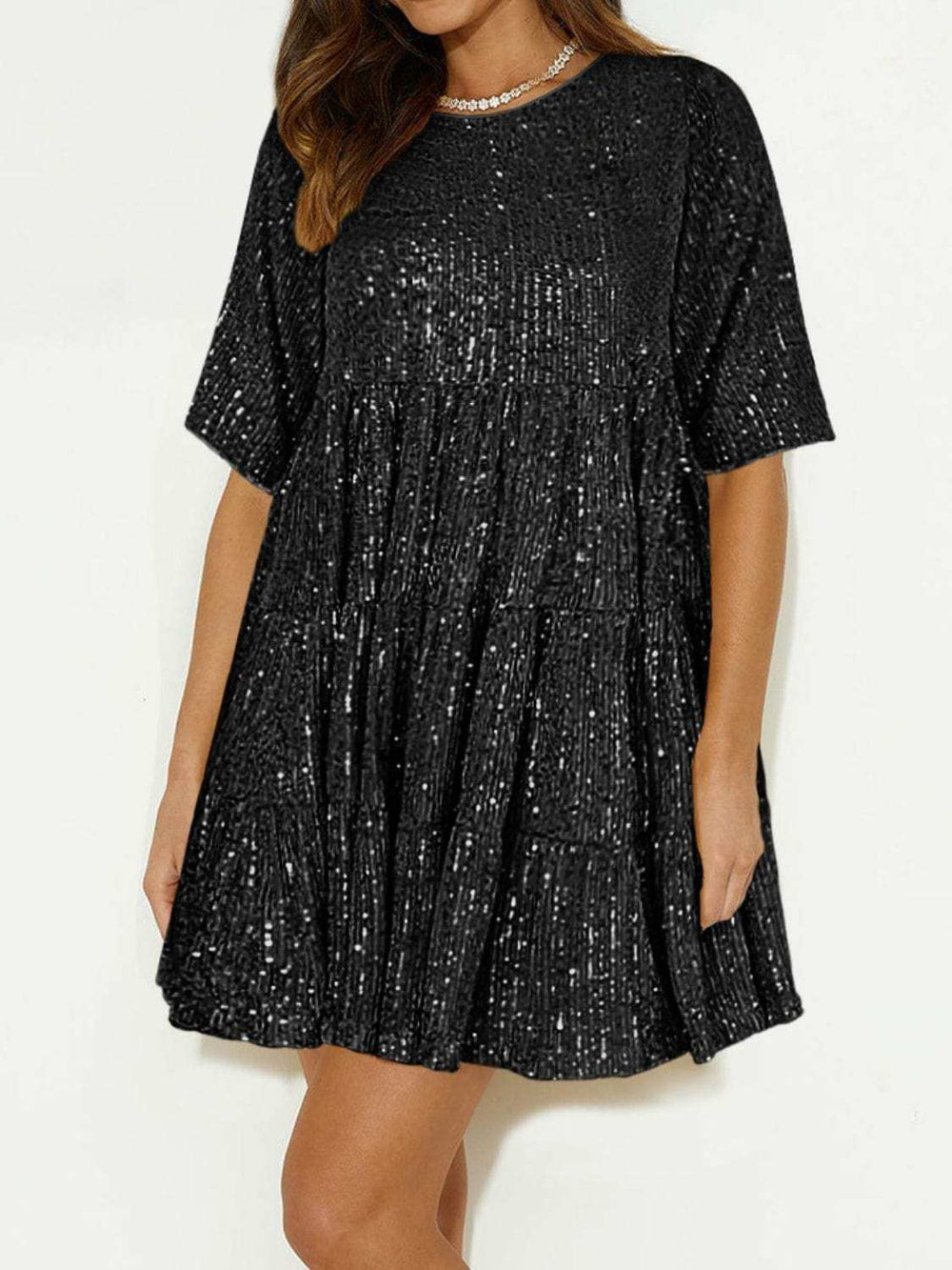 Sequin Round Neck Half Sleeve Mini Dress - Trendsi - Flyclothing LLC