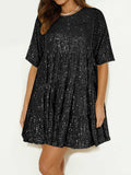 Sequin Round Neck Half Sleeve Mini Dress - Trendsi - Flyclothing LLC