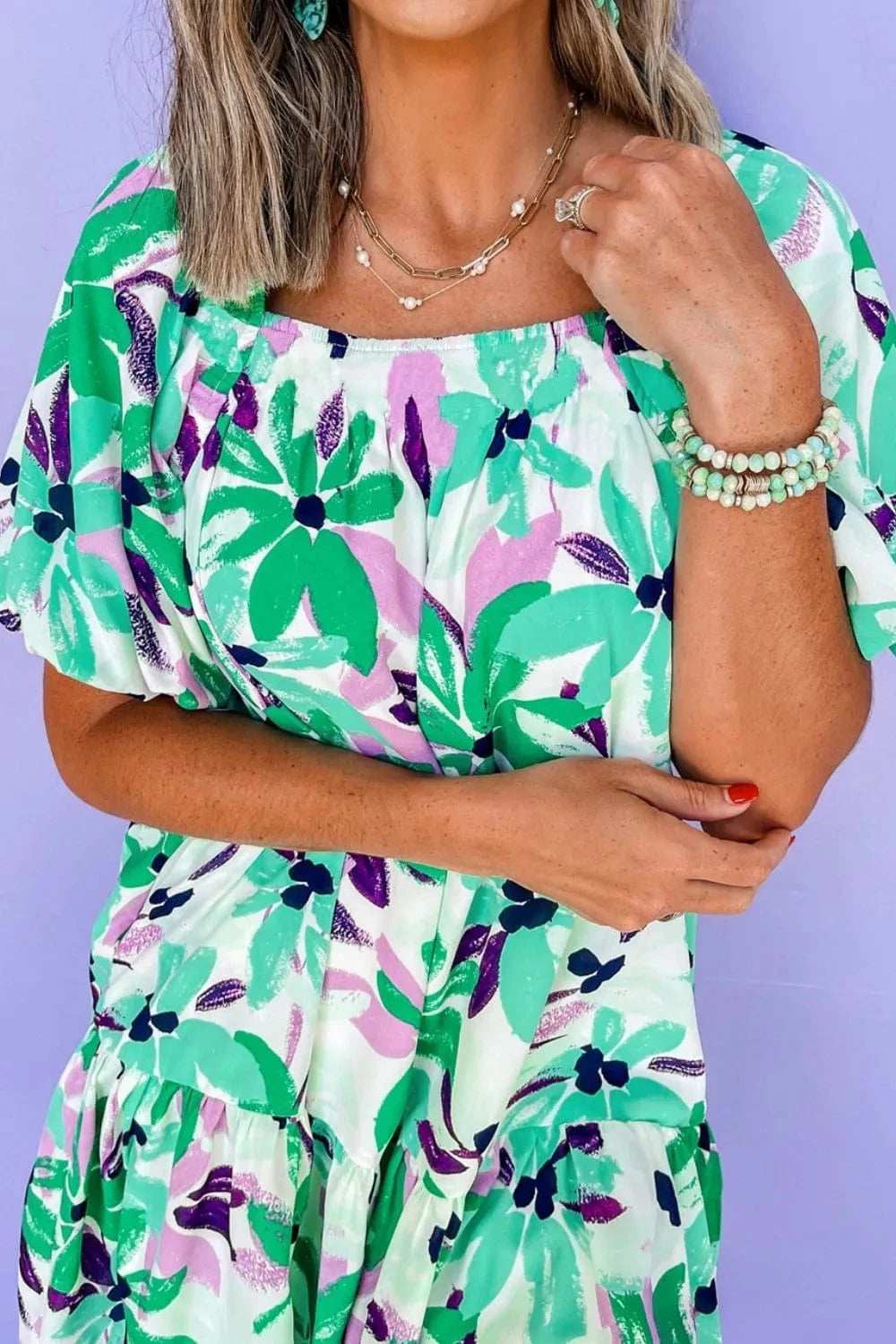 Floral Print Shirred Square Neck Loose Fit Mini Dress - Trendsi - Flyclothing LLC