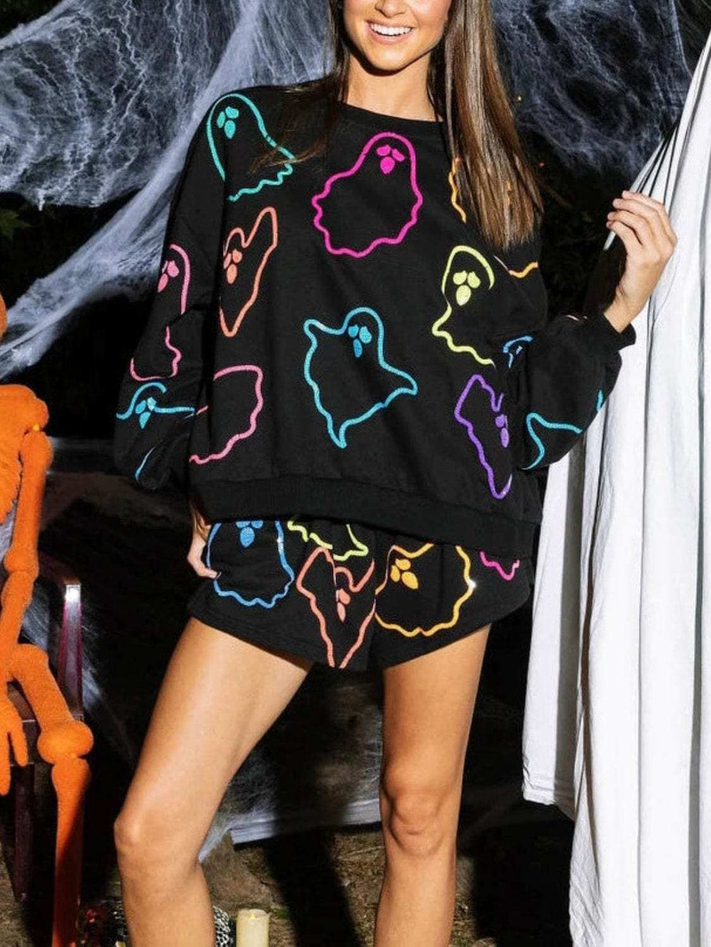 Ghost Printed Round Neck Long Sleeve Top and Shorts Set - Trendsi - Flyclothing LLC