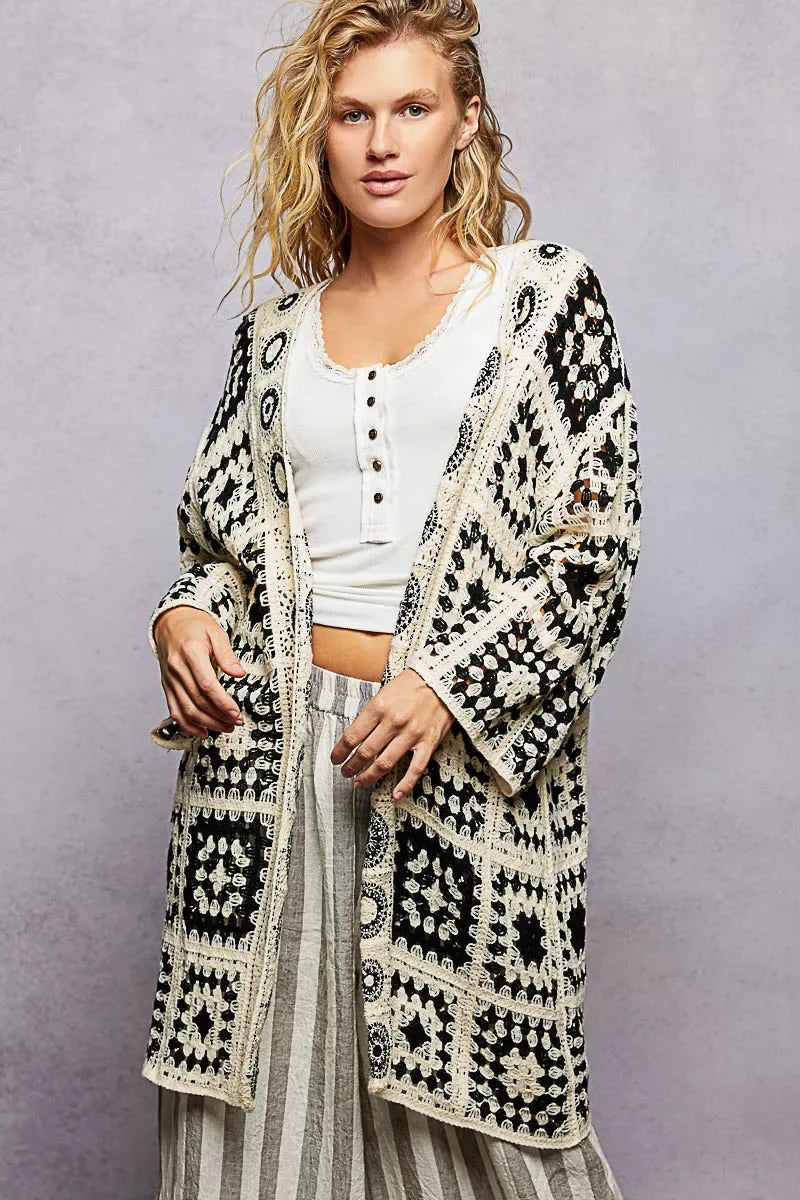POL Open Front Crochet Cardigan with Granny Square Pattern - Trendsi - Flyclothing LLC
