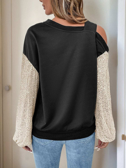 Perfee Sequin Asymmetrical Neck Long Sleeve Sweatshirt - Trendsi - Flyclothing LLC