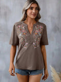 Embroidered Notched Short Sleeve T-Shirt - Trendsi - Flyclothing LLC