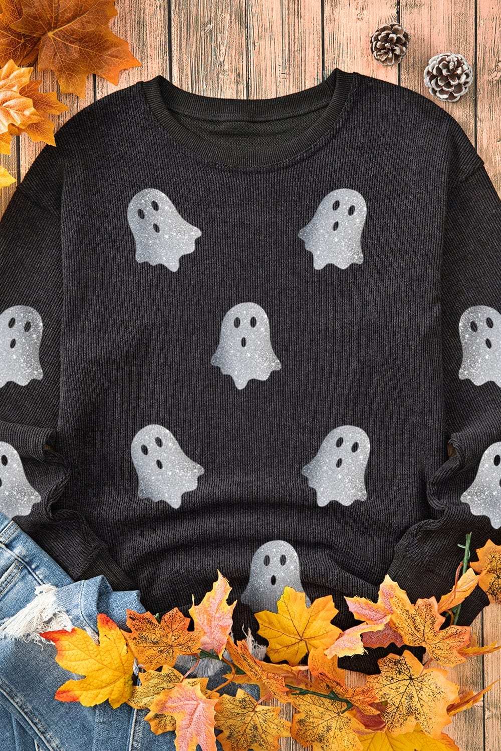Glitter Ghost Round Neck Long Sleeve Sweatshirt - Trendsi - Flyclothing LLC