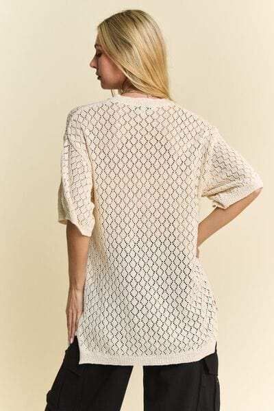 Davi & Dani Side Slit Openwork Round Neck Half Sleeve Knit Cover Up - Trendsi - Flyclothing LLC