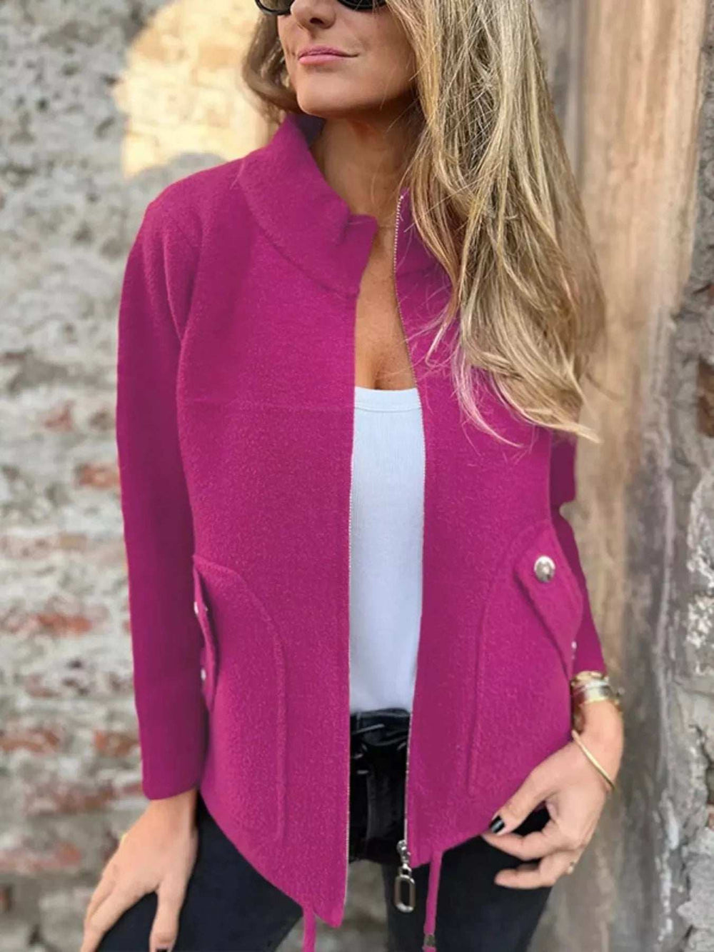 Full Size Textured Knit Zip Up Outerwear Plus Size - Trendsi - Flyclothing LLC