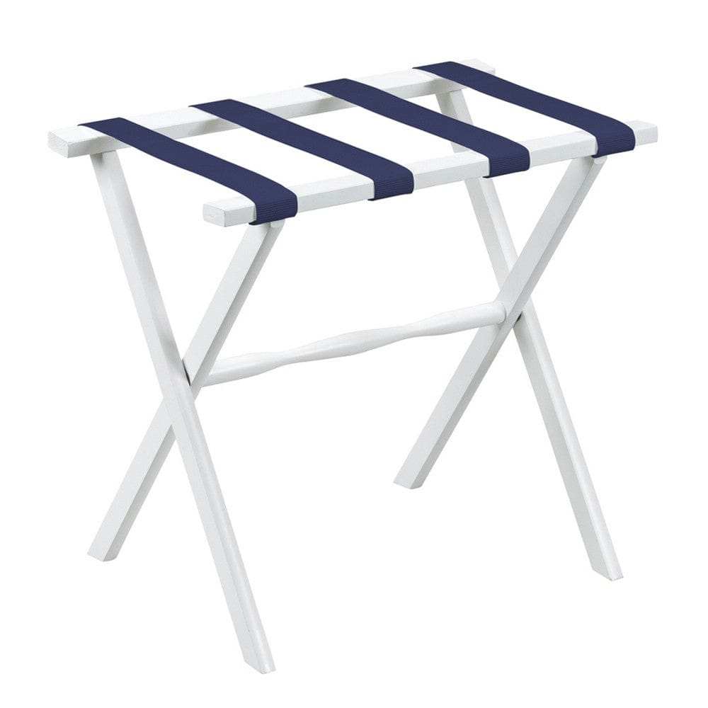 Hotel White Finish Wood Folding Luggage Rack With Navy Straps - Homeroots - Flyclothing LLC