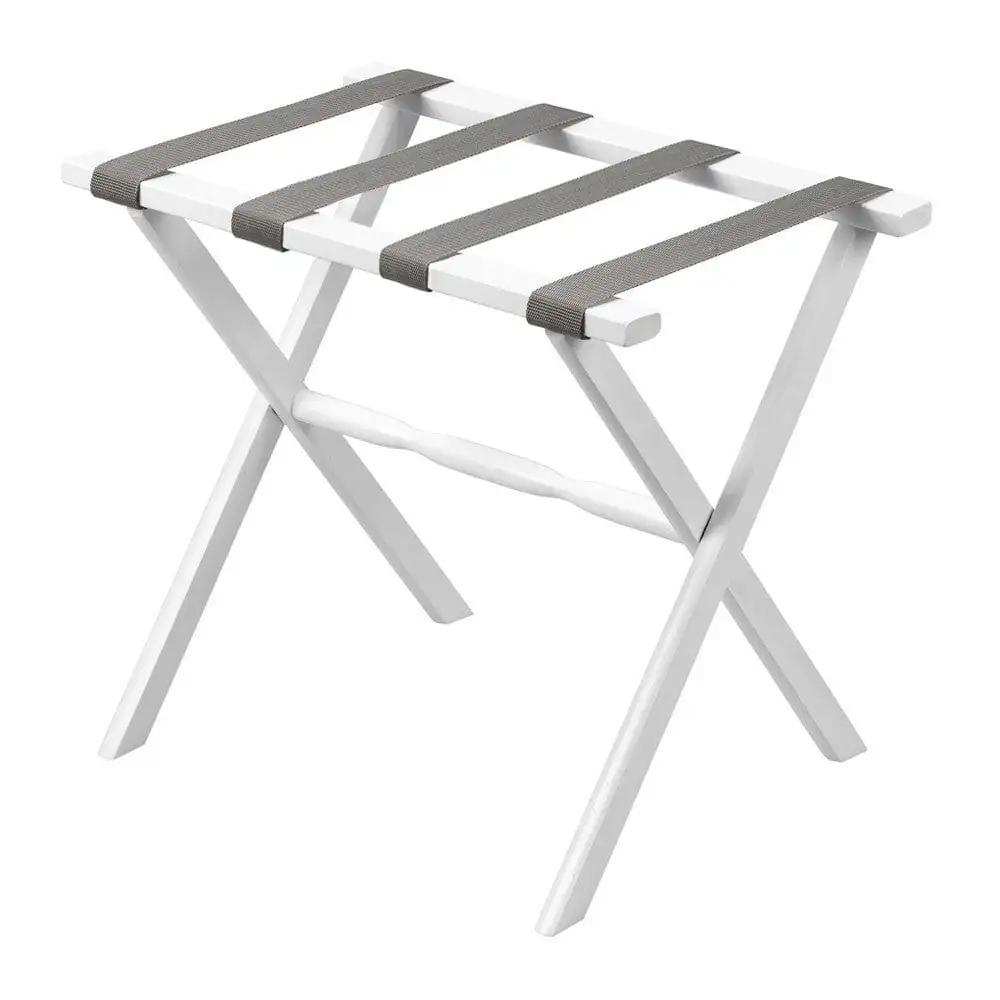 Hotel White Finish Wood Folding Luggage Rack With Gray Straps - Homeroots - Flyclothing LLC