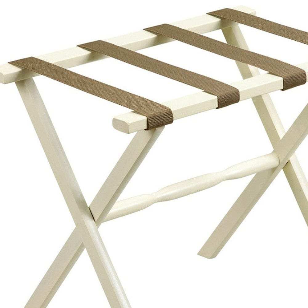 Hotel Ivory Finish Wood Folding Luggage Rack With Tan Straps - Homeroots - Flyclothing LLC