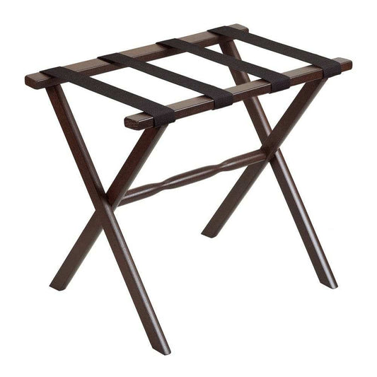 Hotel Dark Walnut Finish Wood Folding Luggage Rack With Black Straps - Homeroots - Flyclothing LLC