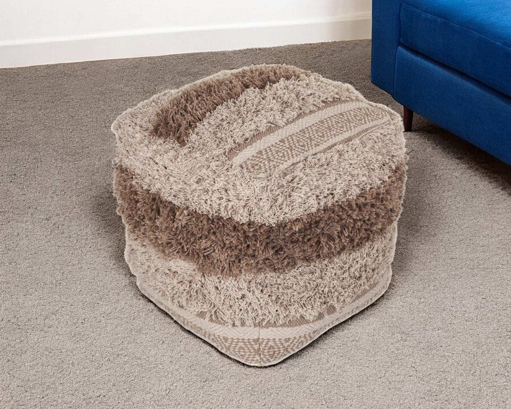 Boho Shaggy Khaki Textured Pouf - Homeroots - Flyclothing LLC