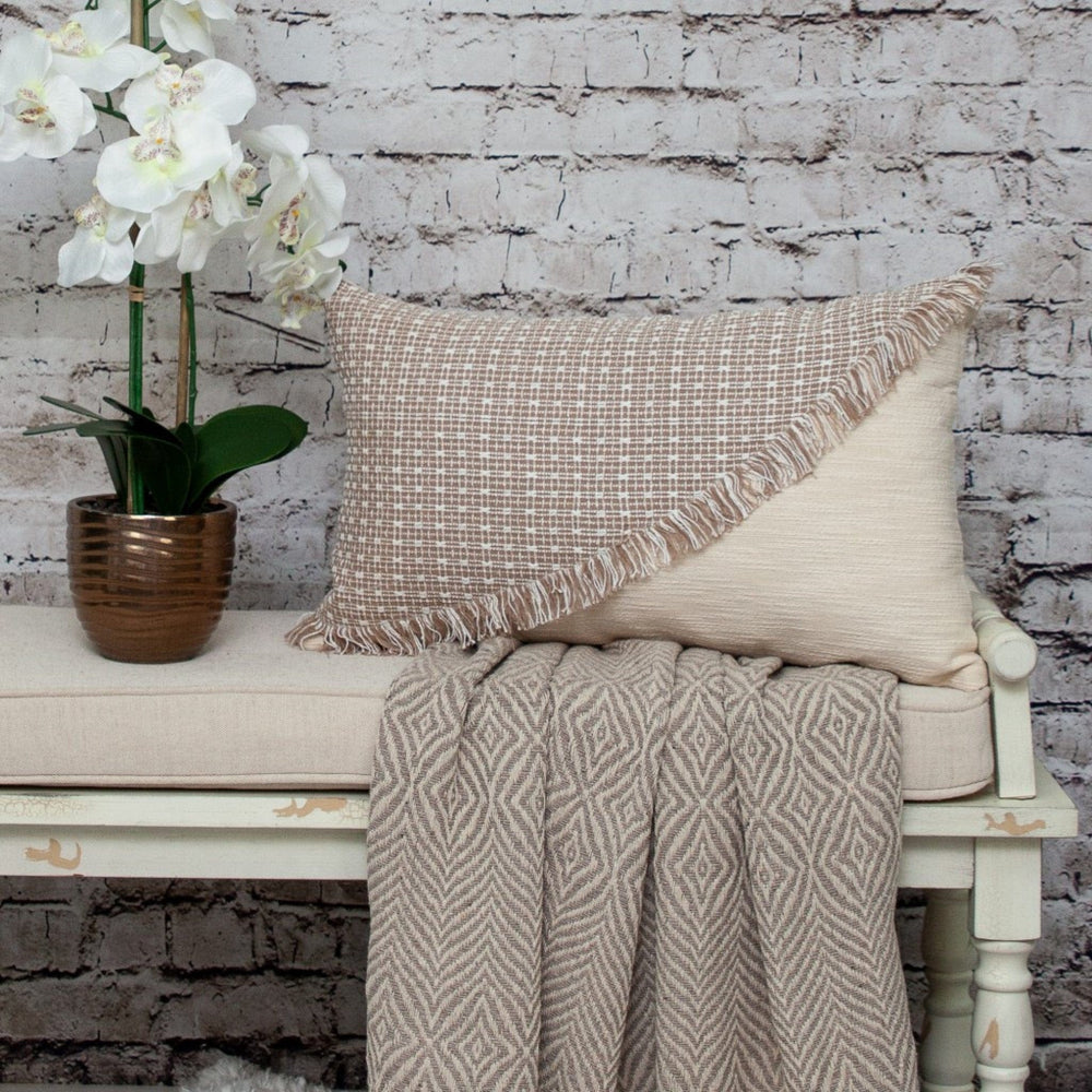 14" X 24" Beige Cotton Throw Pillow With Fringe - Homeroots - Flyclothing LLC