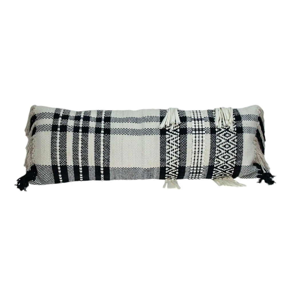 12" X 35" Black and White Plaid Cotton Lumbar Throw Pillow With Fringe - Homeroots - Flyclothing LLC