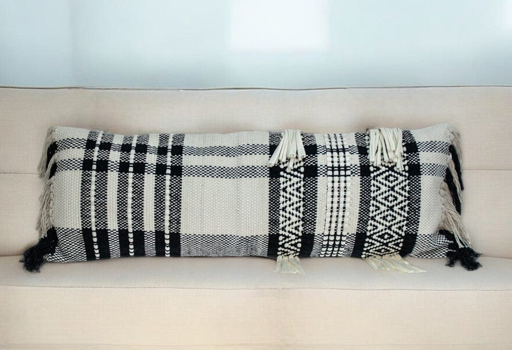 12" X 35" Black and White Plaid Cotton Lumbar Throw Pillow With Fringe - Homeroots - Flyclothing LLC