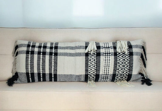 12" X 35" Black and White Plaid Cotton Lumbar Throw Pillow With Fringe - Homeroots