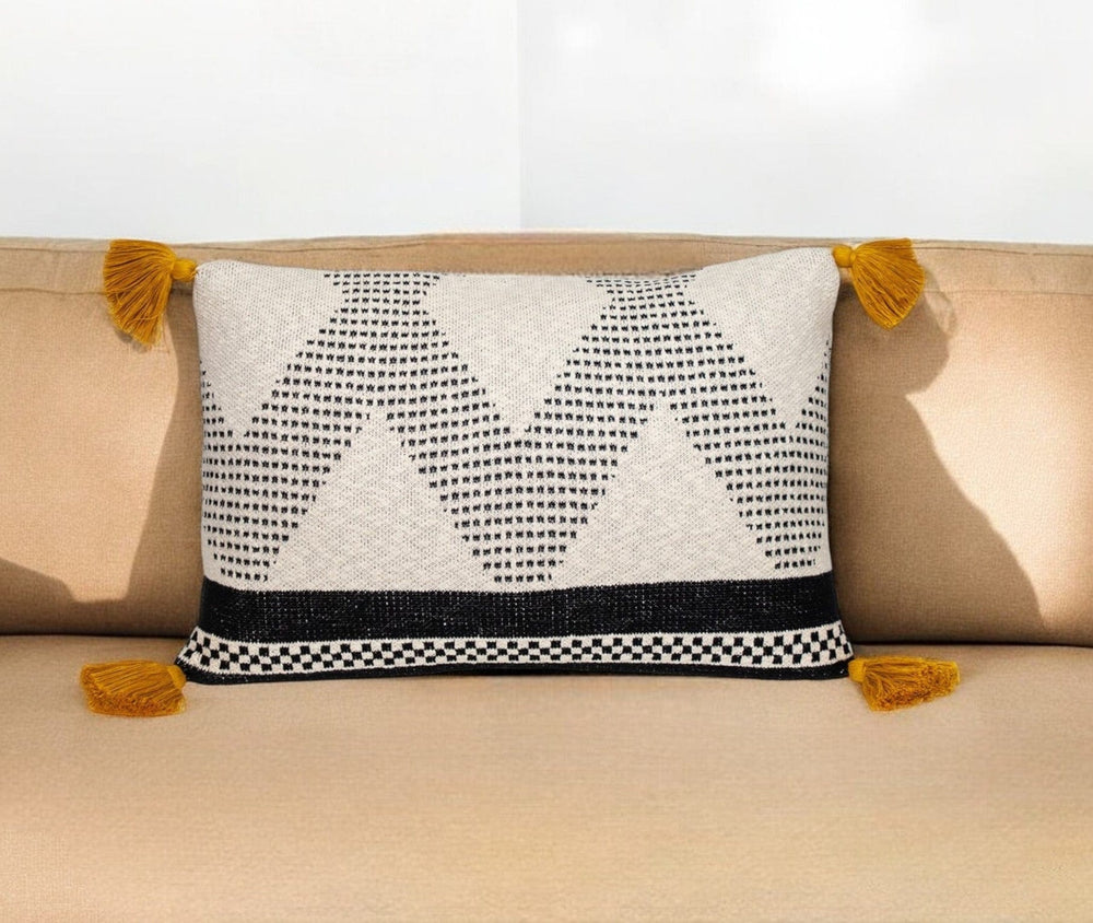 20" X 20" Beige and Black Cotton Throw Pillow With Tassels - Homeroots - Flyclothing LLC