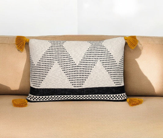 20" X 20" Beige and Black Cotton Throw Pillow With Tassels - Homeroots