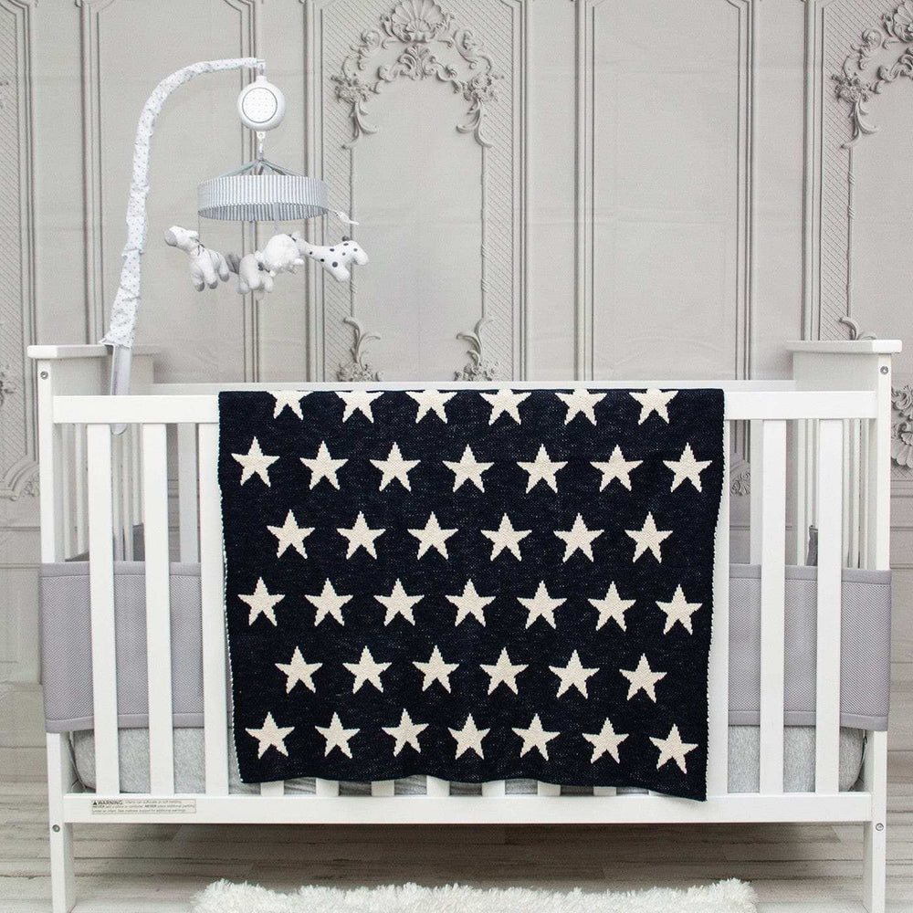 Navy Blue And White Stars Knitted Baby Blanket - Homeroots - Flyclothing LLC