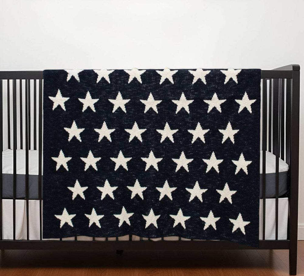Navy Blue And White Stars Knitted Baby Blanket - Homeroots - Flyclothing LLC