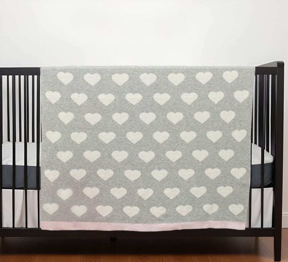 Grey And Ivory Hearts Knitted Baby Blanket - Homeroots - Flyclothing LLC