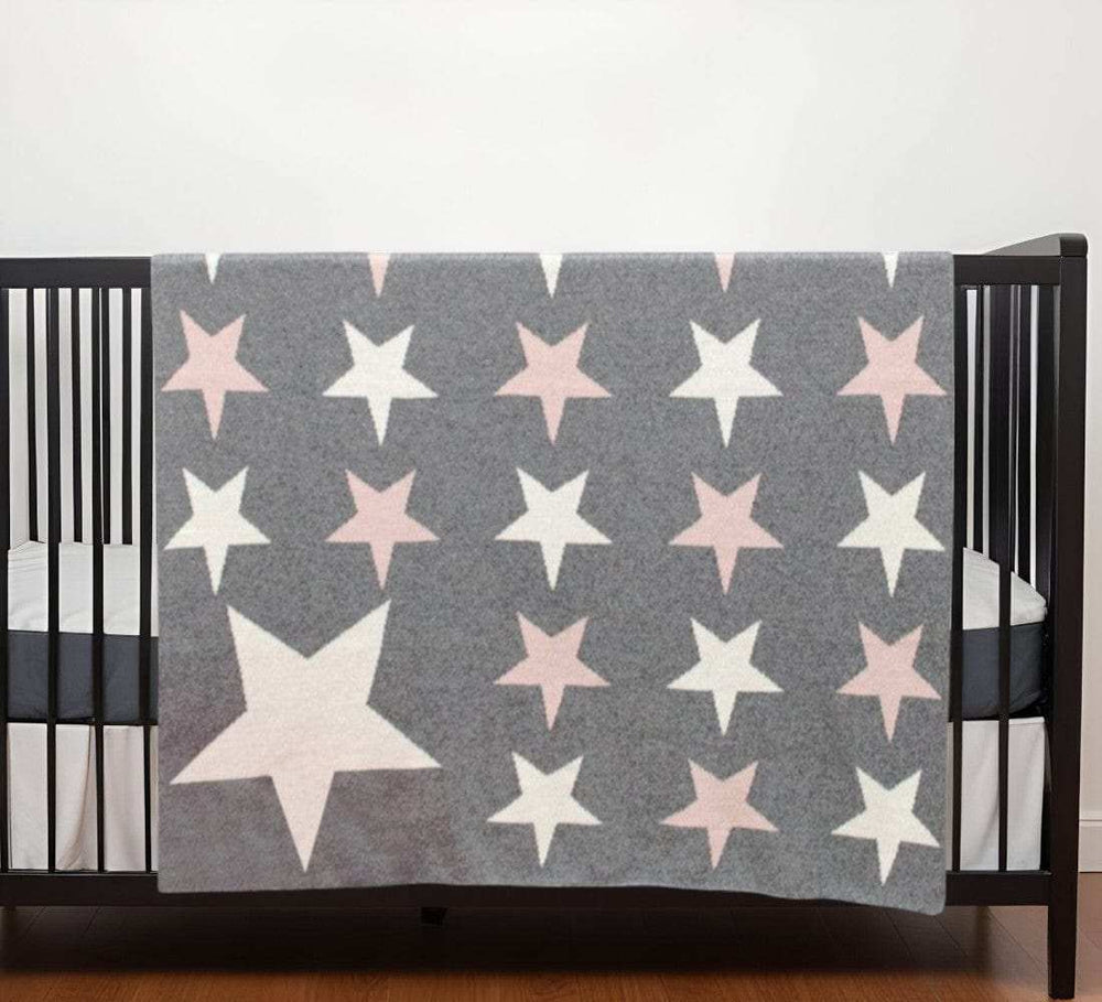 Grey Ivory And Pink Stars Knitted Baby Blanket - Homeroots - Flyclothing LLC