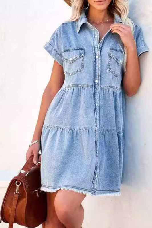 Raw Hem Button Down Denim Mini Dress - Trendsi - Flyclothing LLC